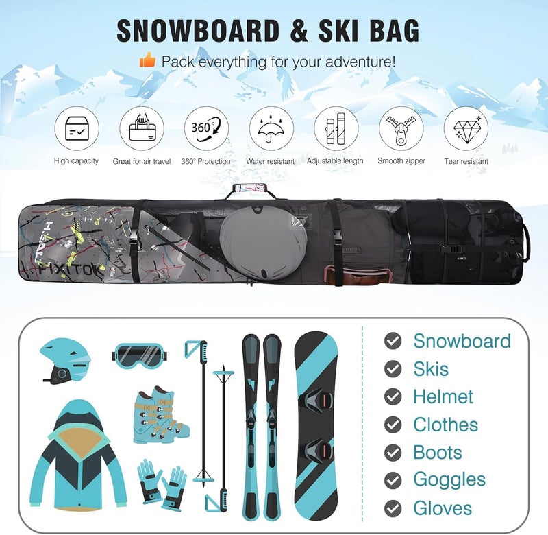 FIXITOK Snowboard & Ski Bag for Air Travel, Waterproof Full Padded Snowboard Bag Fit Board, Boots, Clothes, Helmet and Gear, Adjustable Length Ski Bag(157CM-181CM) - Image 2